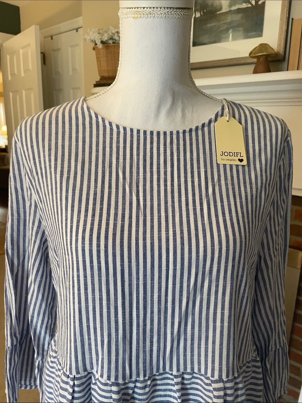 JODIFL Blue and White Striped Dress with Pockets